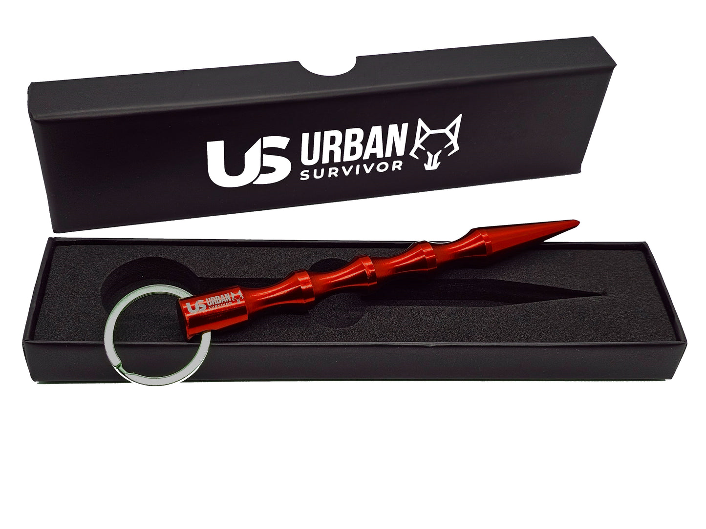 Roter Kubotan zur Selbstverteidigung mit Schlüsselring in hochwertiger Verpackung.
