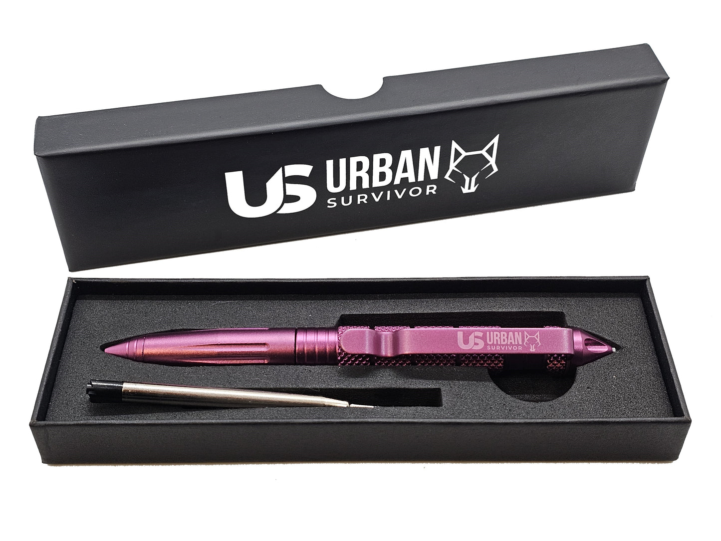 Taktischer Stift in Pink mit Ersatzmiene in hochwertiger Verpackung.