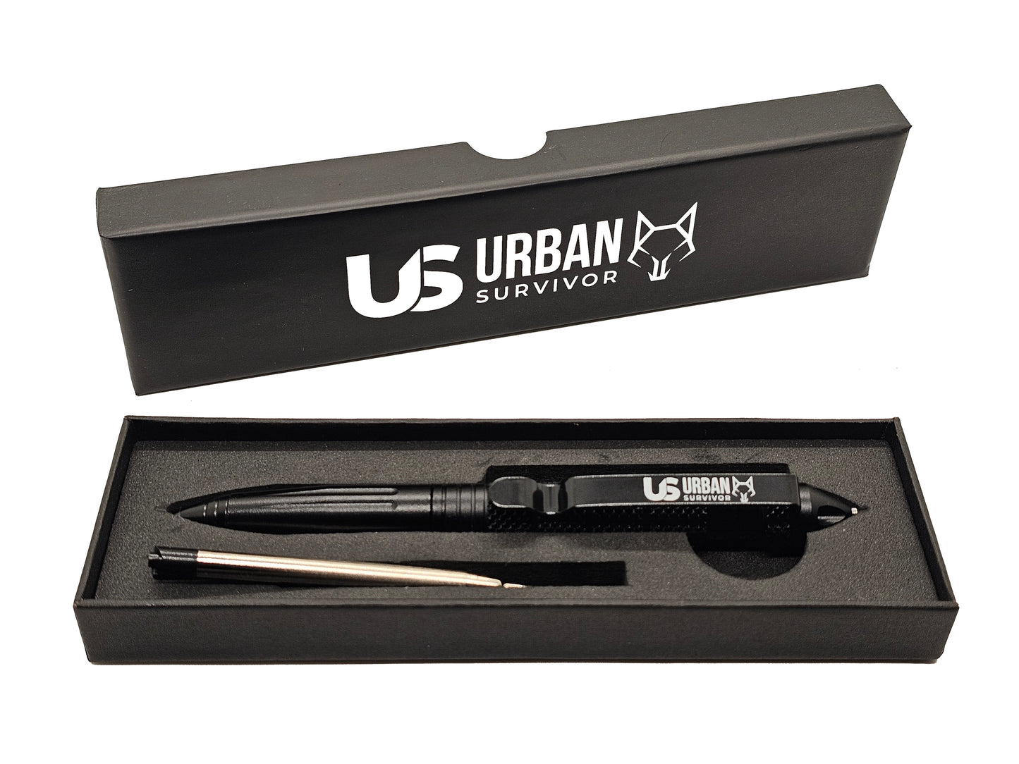 Taktischer Stift in schwarz mit Ersatzmiene in hochwertiger Verpackung.