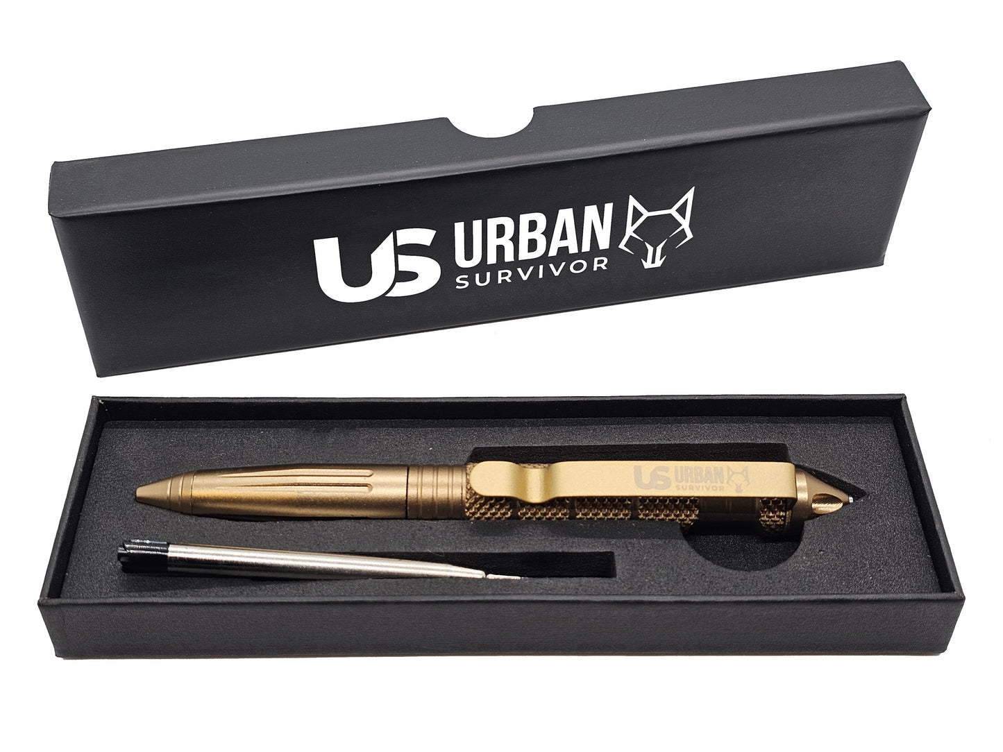Taktischer Stift in Gold mit Ersatzmiene in hochwertiger Verpackung.