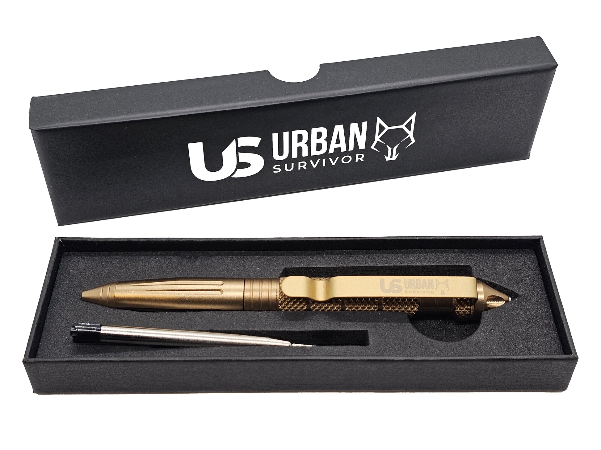 Taktischer Stift in Gold mit Ersatzmiene in hochwertiger Verpackung.